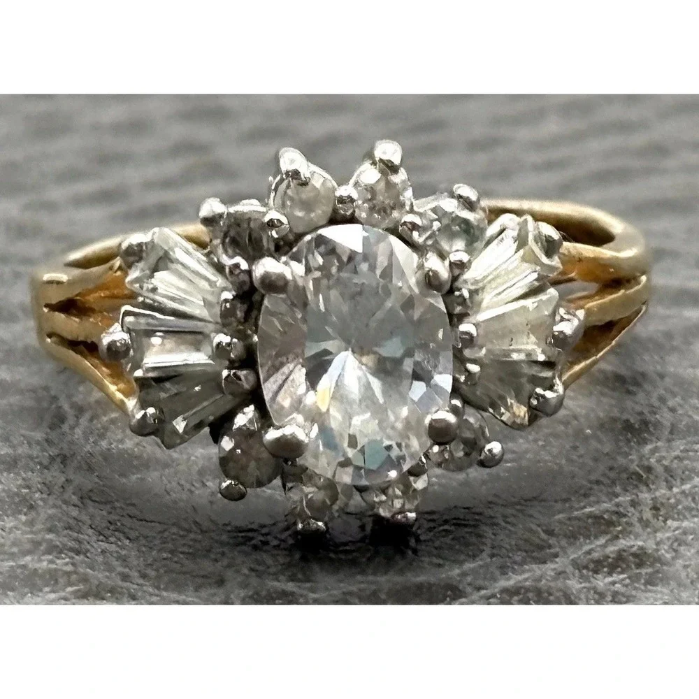 Vintage Yellow Gold Plated Oval CZ Halo Cocktail Ring Round Baguette Accents